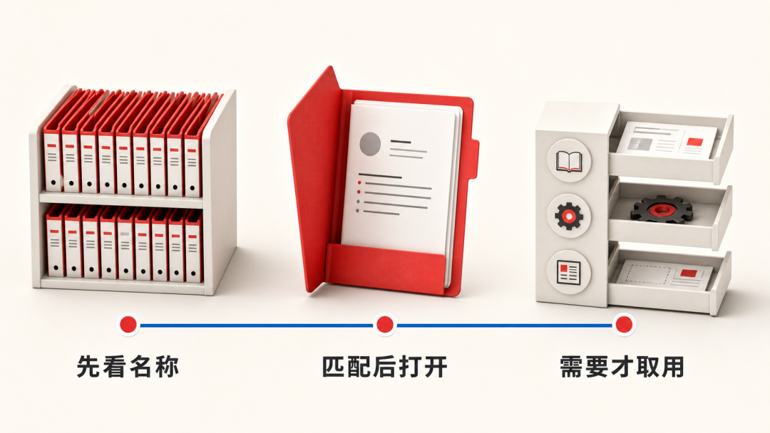 Skill 的渐进式加载：先看名称，匹配后打开，需要才取用