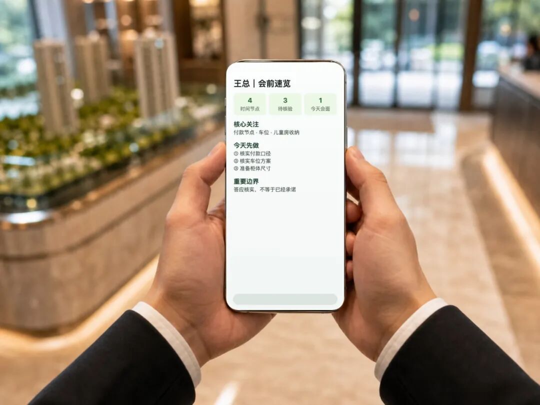 氛围：第一视角看手机，背景为虚化售楼处，屏幕清晰显示王总会前速览和时间线